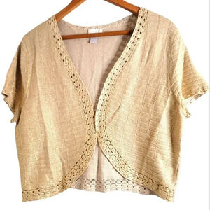 Chico's  size 2 cream gold crochet tight knit cropped sweater cardigan women's